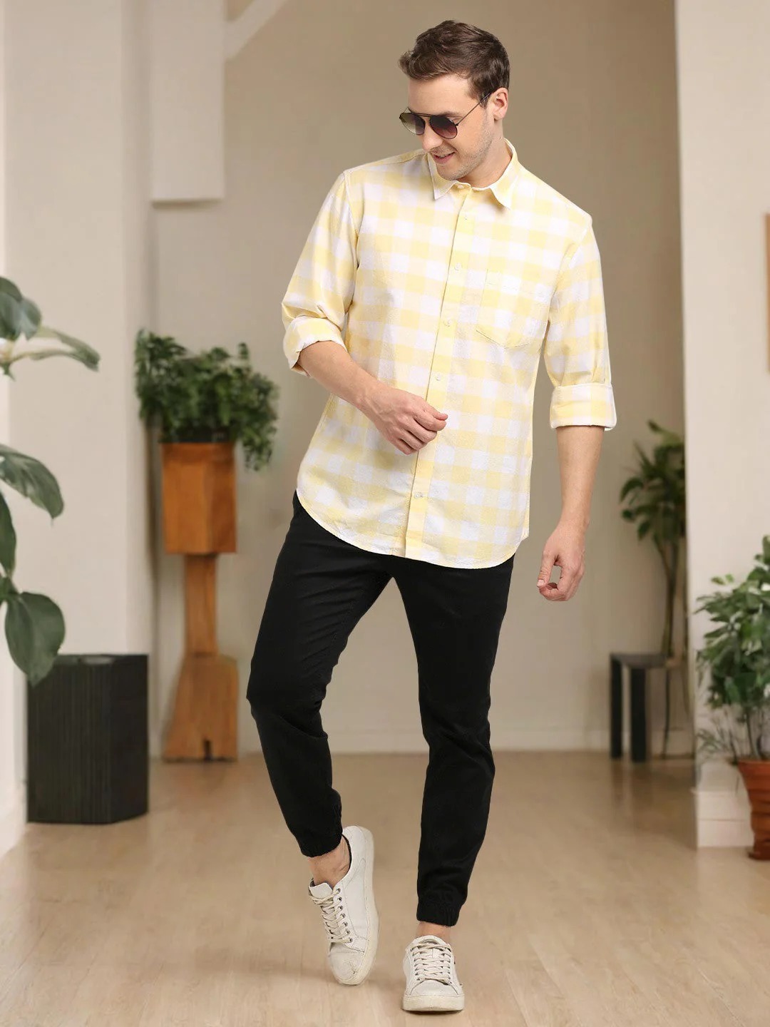 Indian Terrain Men's Regular Fit Full Sleeve Checkered Yellow Shirt